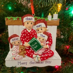 4.5" Family Of 4 Reading In Bed Personalized Christmas Ornament OR2025-4