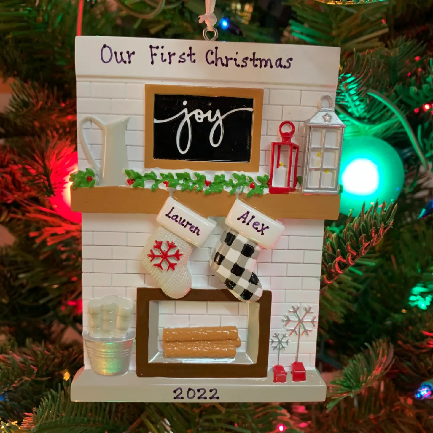 5" Fireplace Mantle Couple Stockings Personalized Christmas Ornament OR2030-2