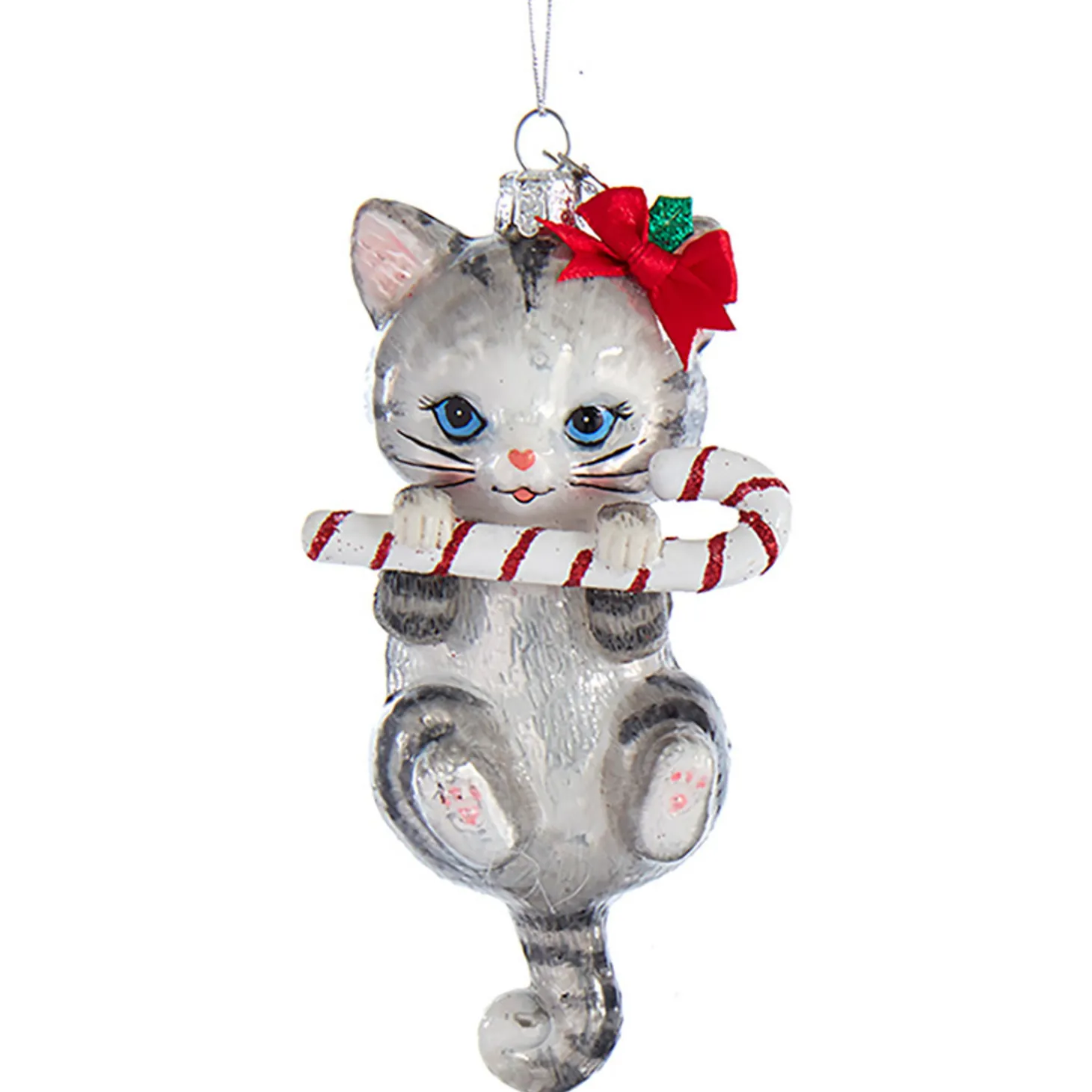 5" Noble Gems Cat With Candy Cane Glass Christmas Ornament NB1668