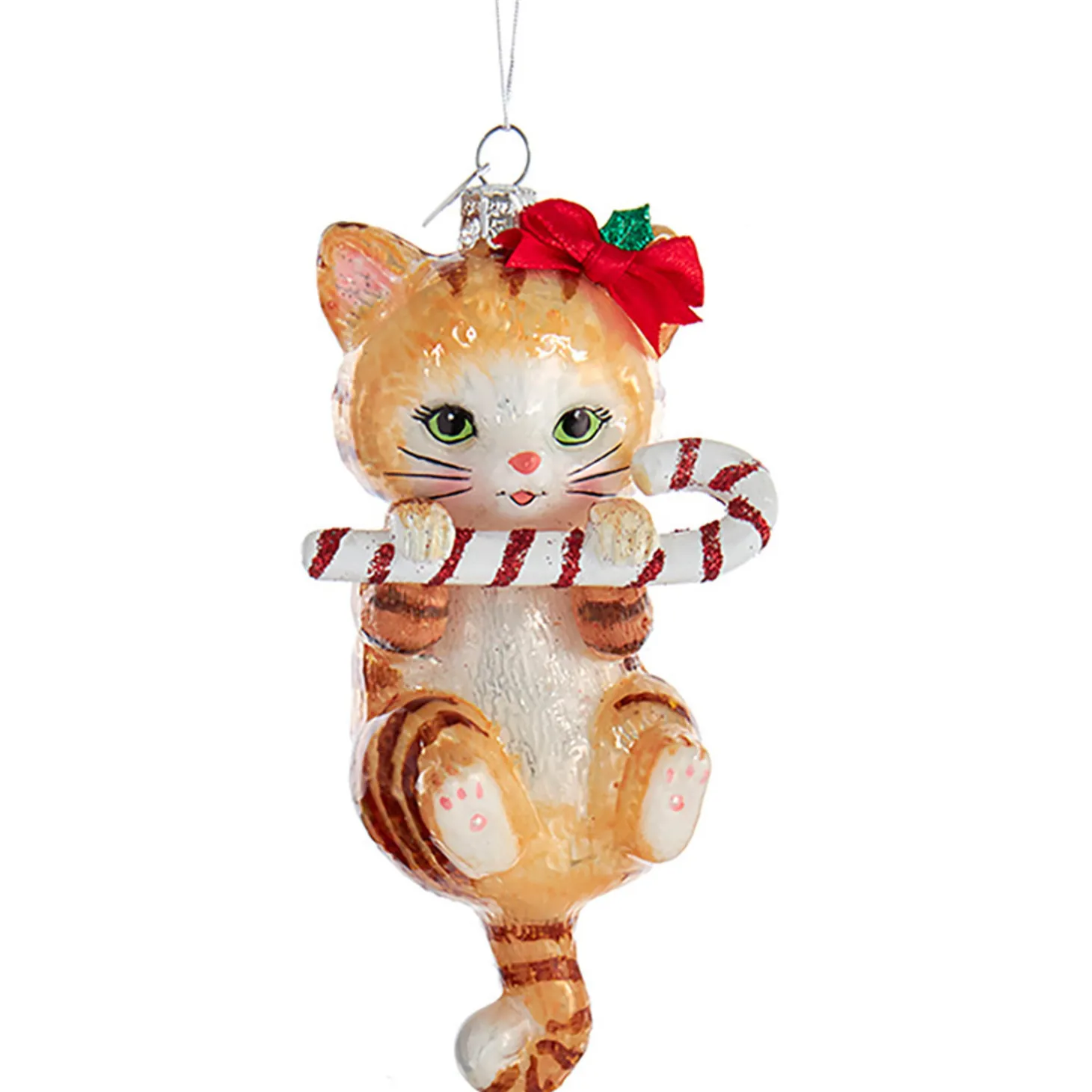 5" Noble Gems Cat With Candy Cane Glass Christmas Ornament NB1668