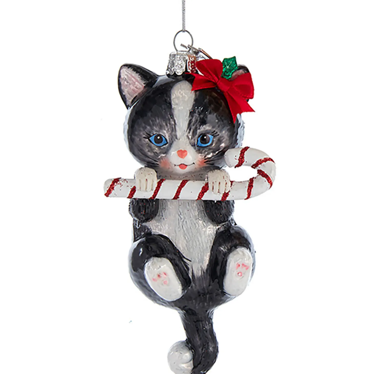 5" Noble Gems Cat With Candy Cane Glass Christmas Ornament NB1668