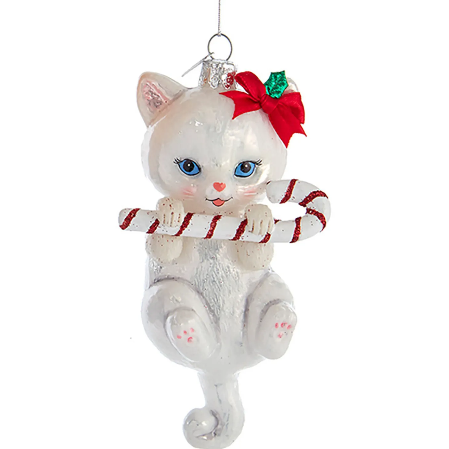 5" Noble Gems Cat With Candy Cane Glass Christmas Ornament NB1668