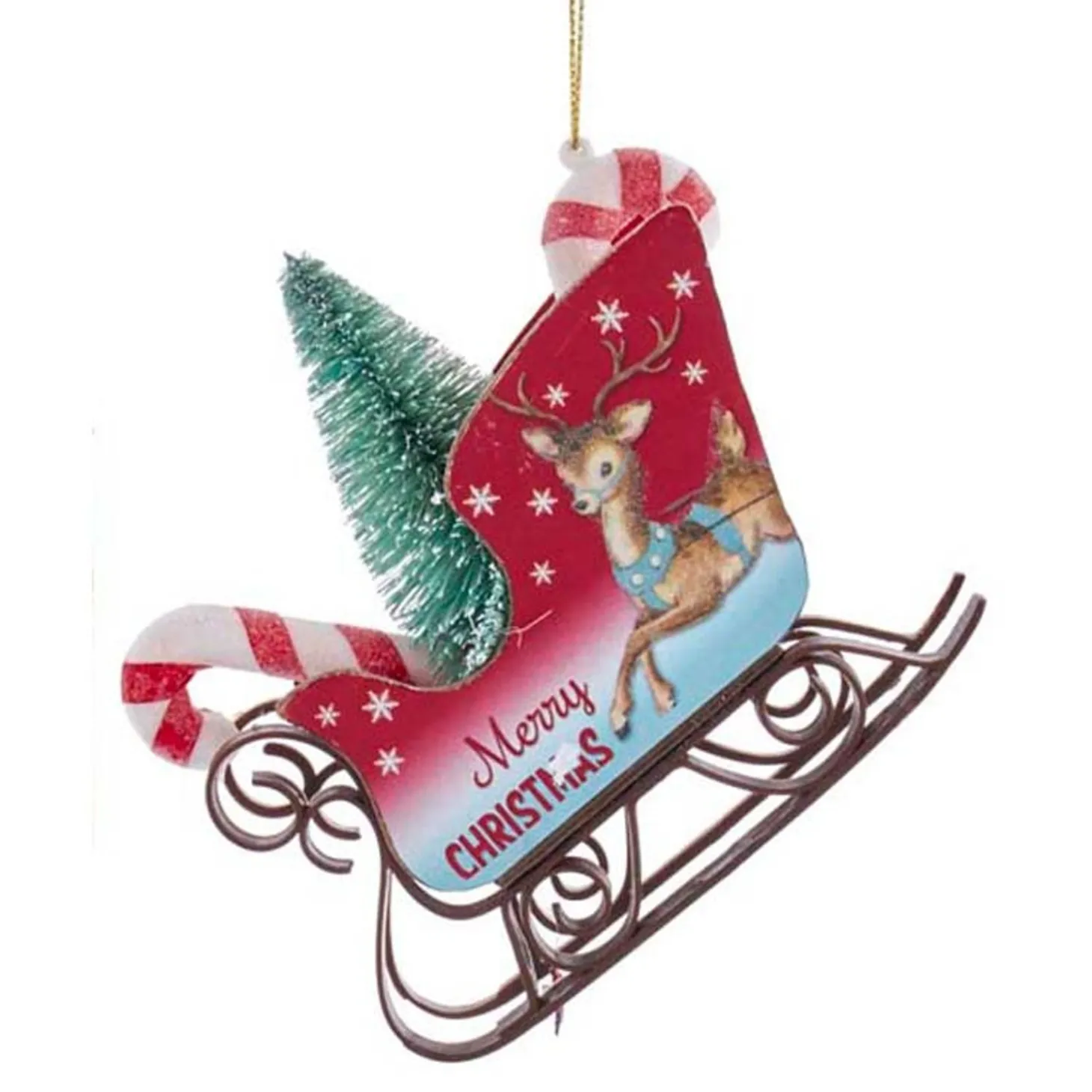 4.75" Retro Mini Sleigh With Tree Vintage Christmas Ornament T2807