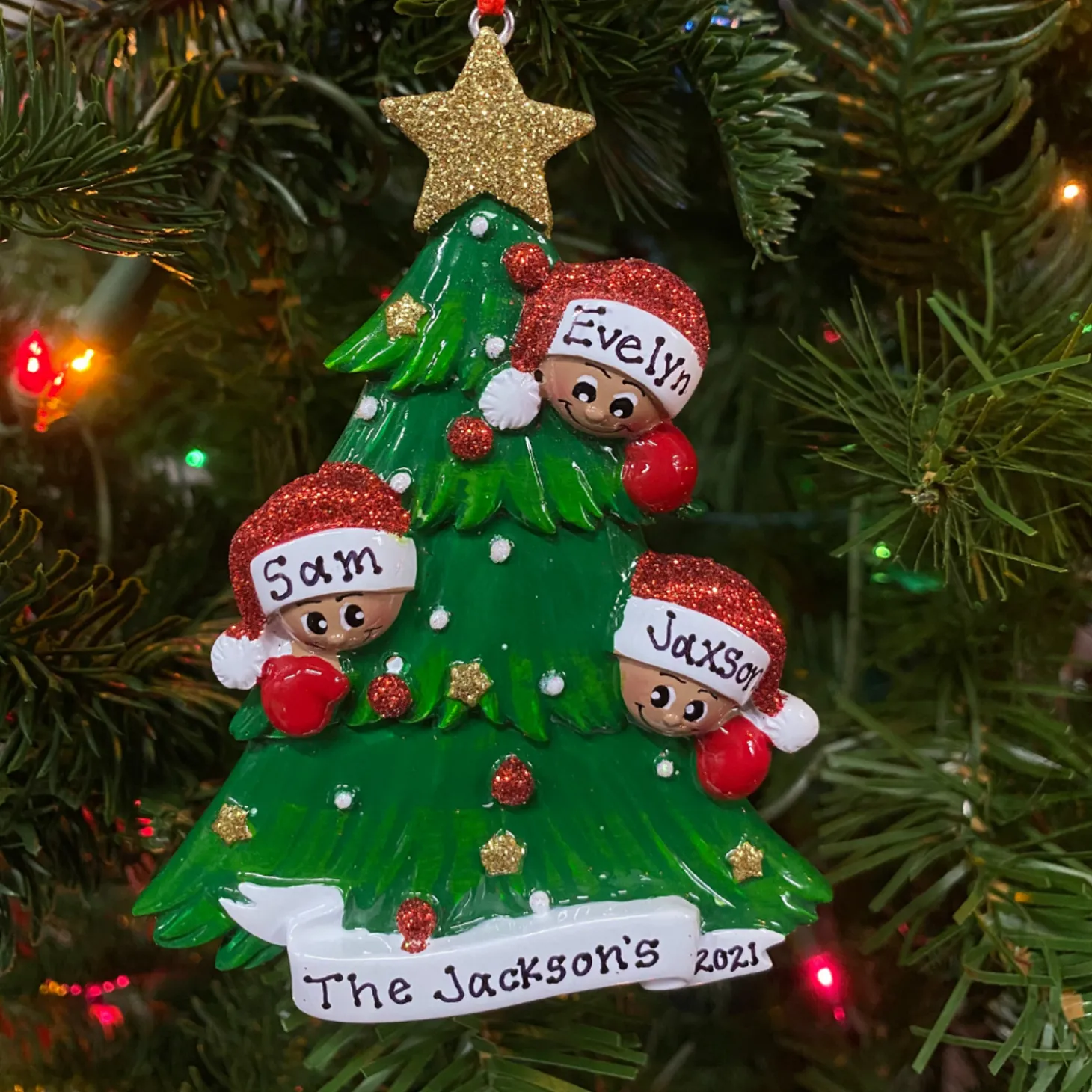 African American Christmas Tree Family Of 3 Personalized Christmas Ornament AA827-3