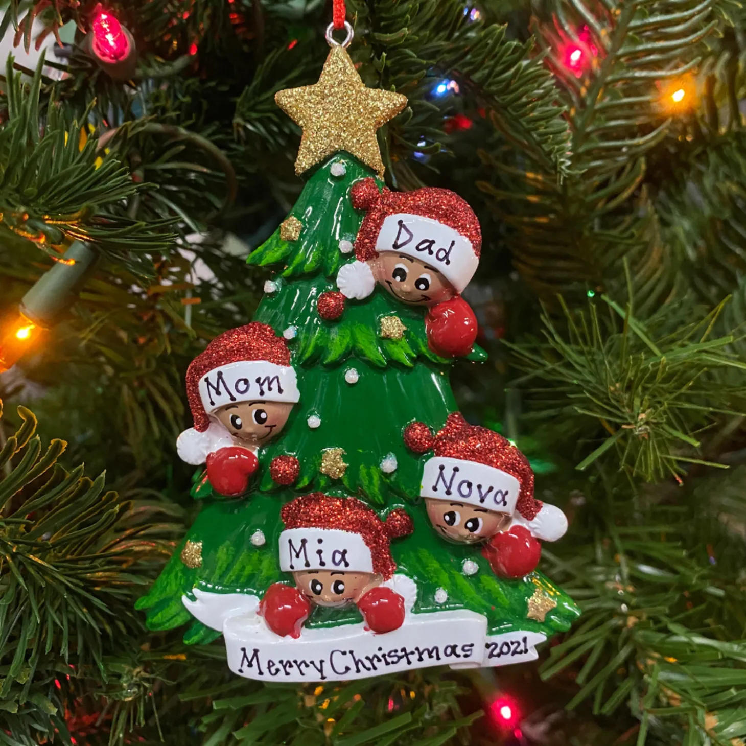 African American Christmas Tree Family Of 4 Personalized Christmas Ornament AA827-4