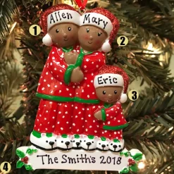 African American Pajama Family Of 3 Personalized Christmas Ornament