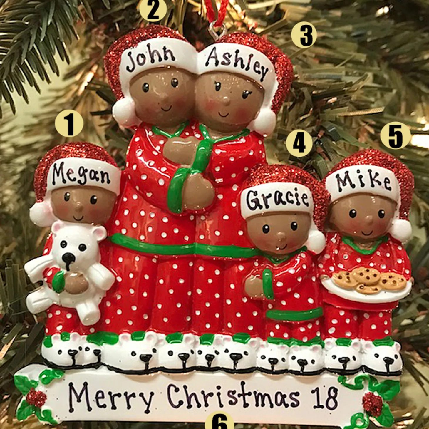 African American Pajama Family Of 5 Personalized Christmas Ornament