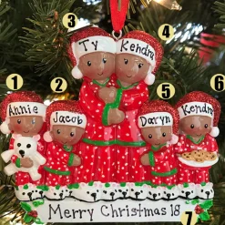 African American Pajama Family Of 6 Personalized Christmas Ornament