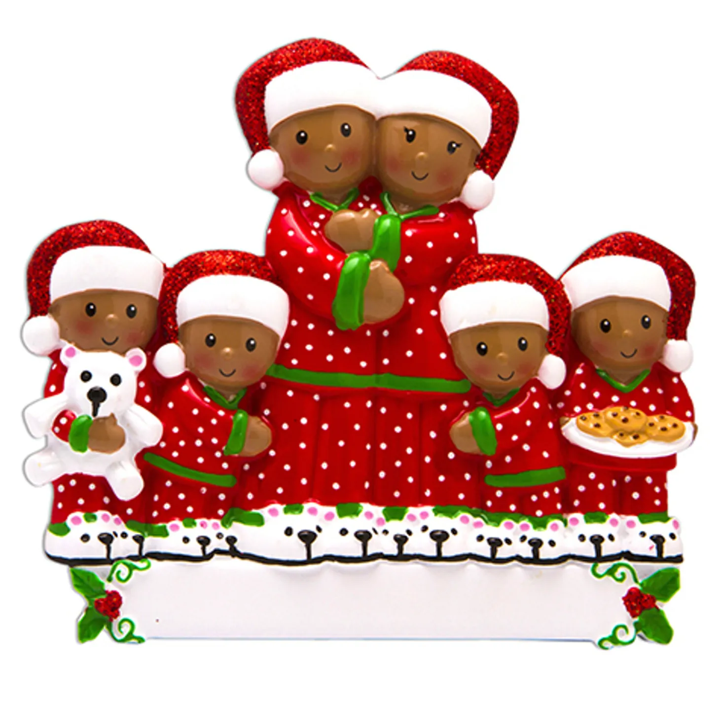 African American Pajama Family Of 6 Personalized Christmas Ornament