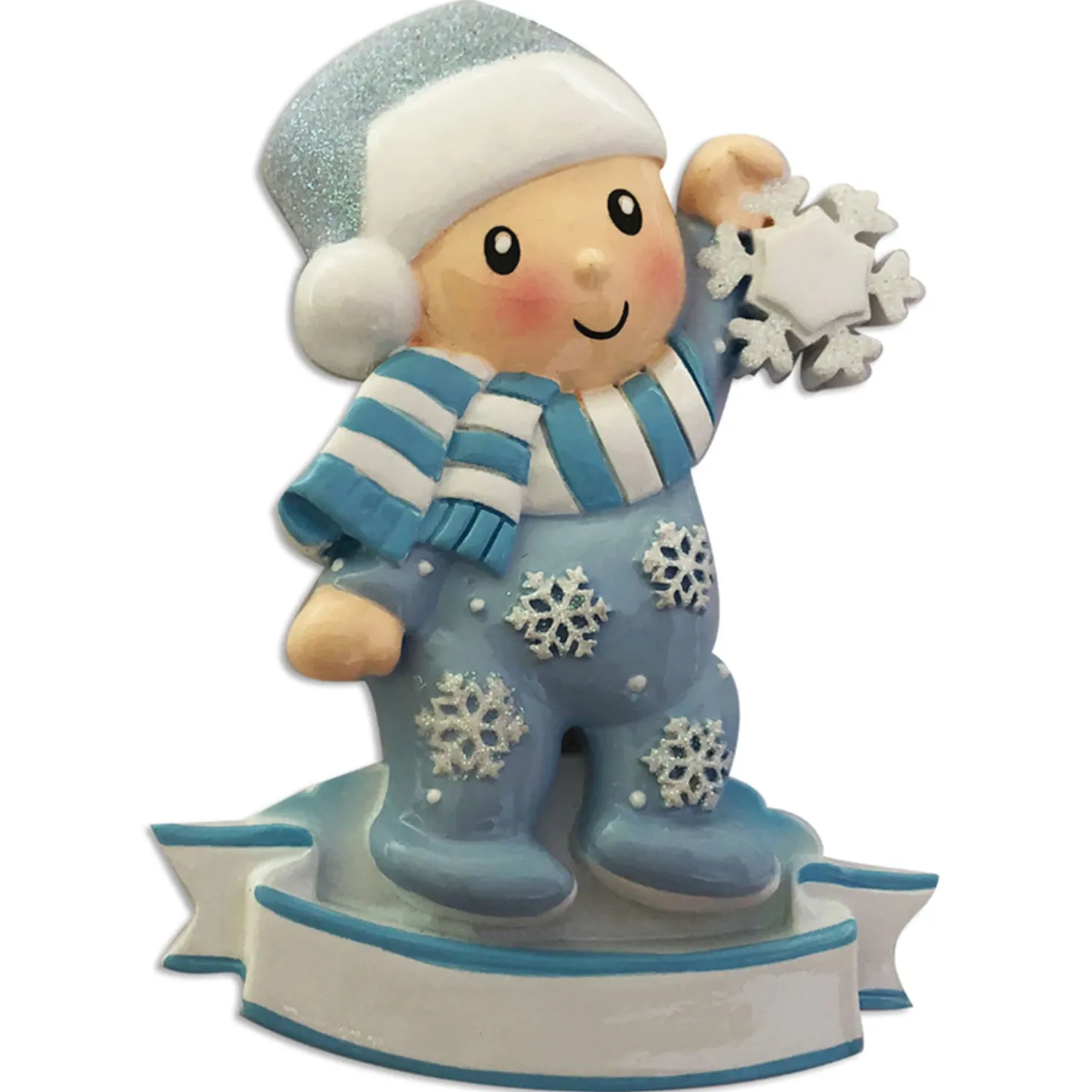 Baby Boy In Blue Pajamas Holding Snowflake Personalized Christmas Ornament OR1920-B