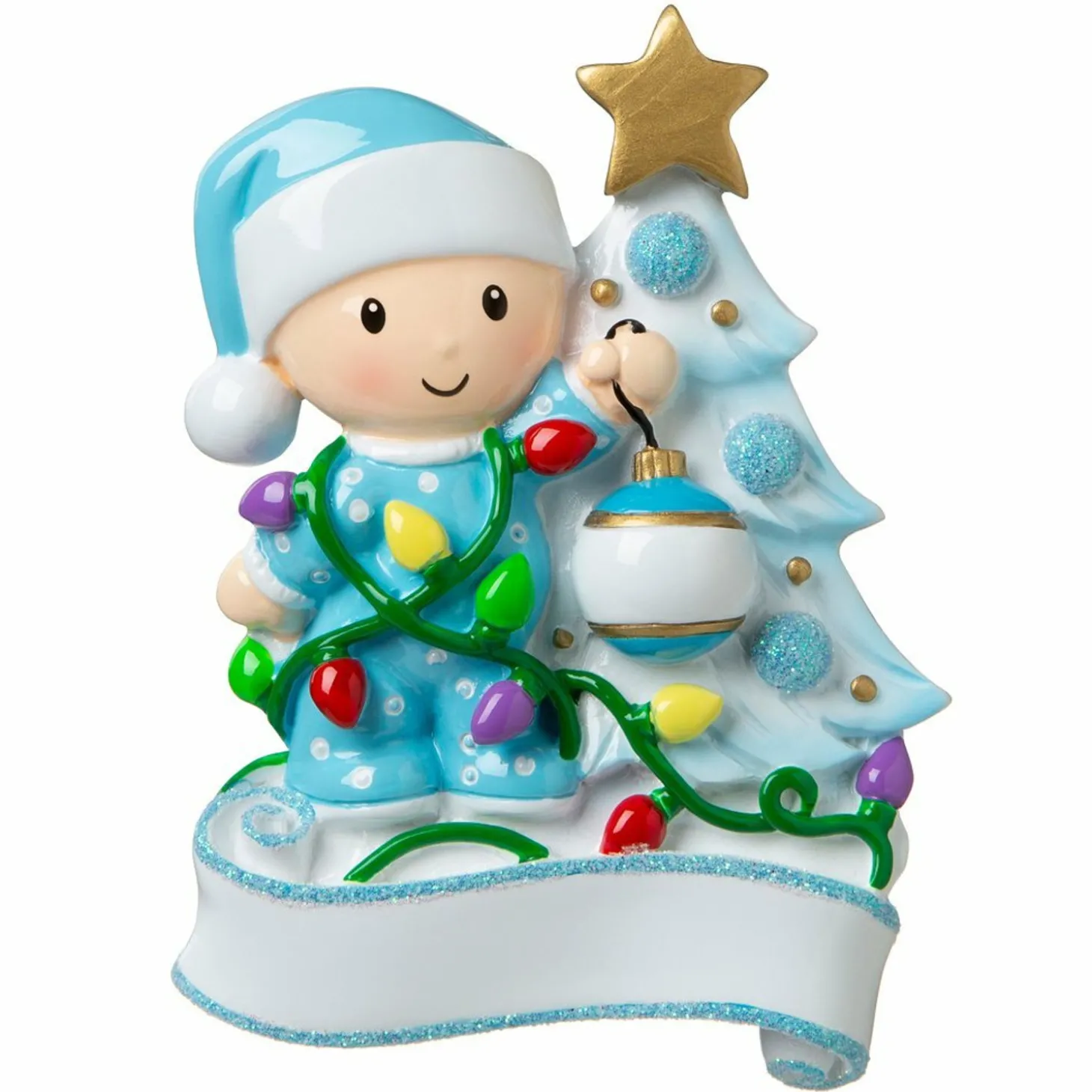 Baby Decorating A Tree Blue Personalized Christmas Ornament OR1847-B