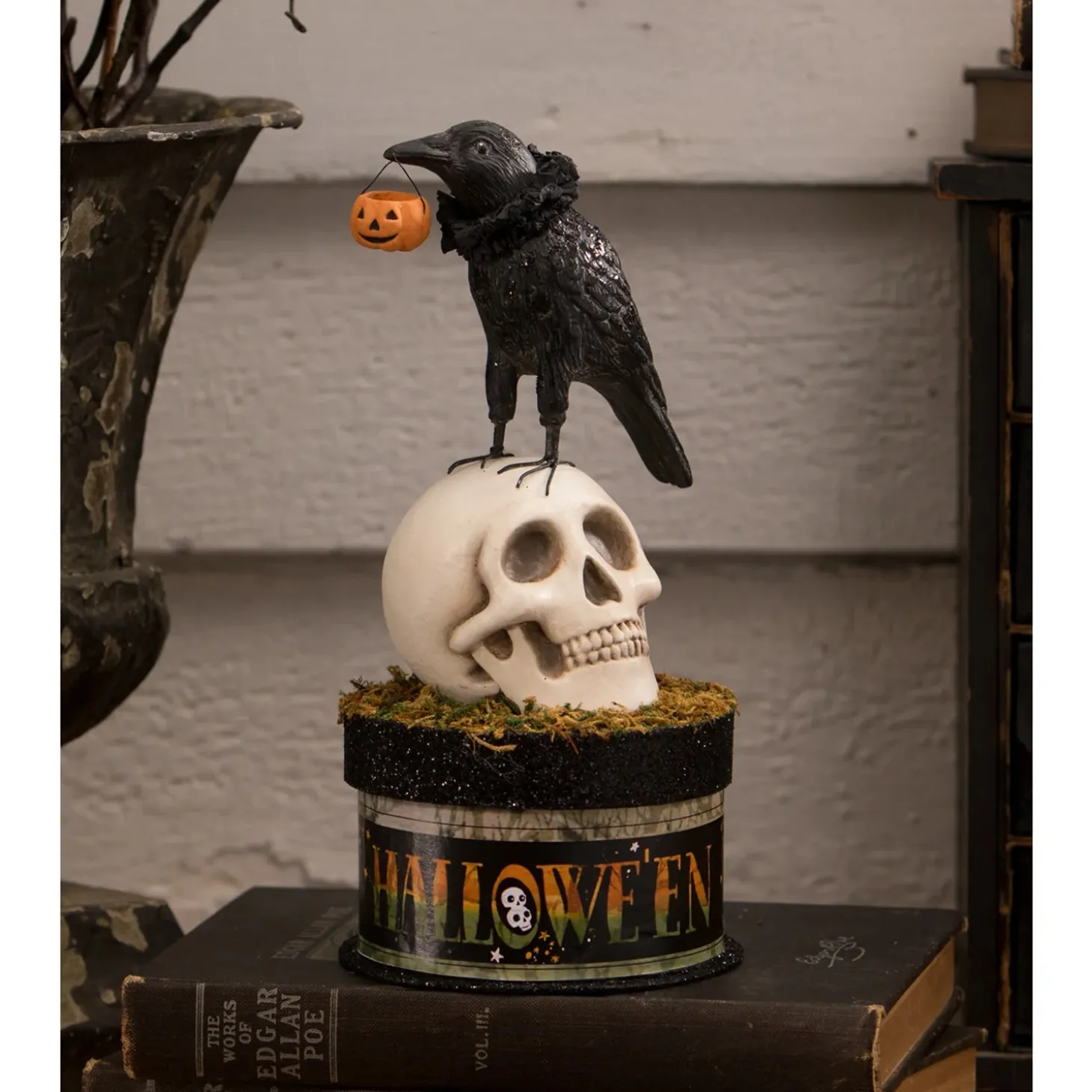 Bethany Lowe 9" Crow And Skull On Box Halloween Decoration TL3356