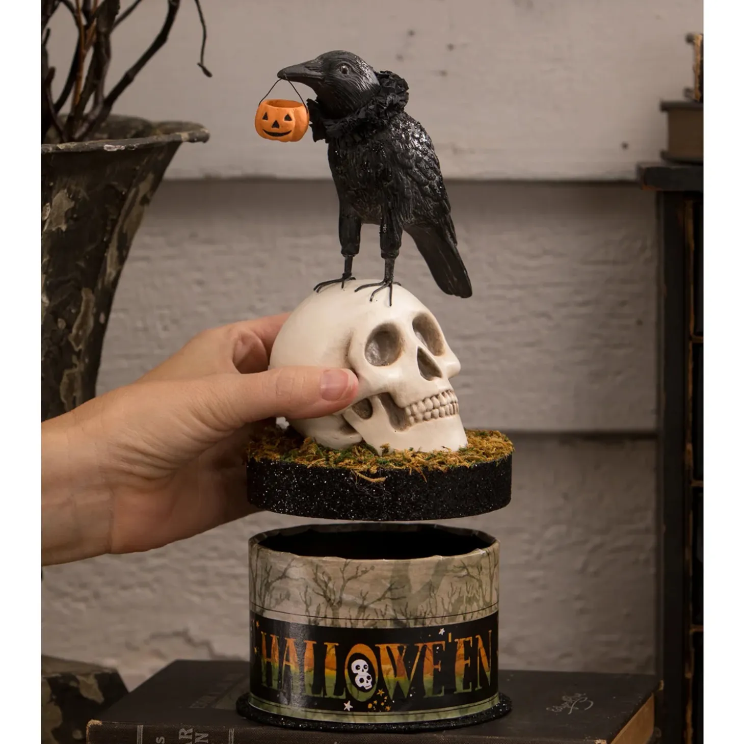 Bethany Lowe 9" Crow And Skull On Box Halloween Decoration TL3356