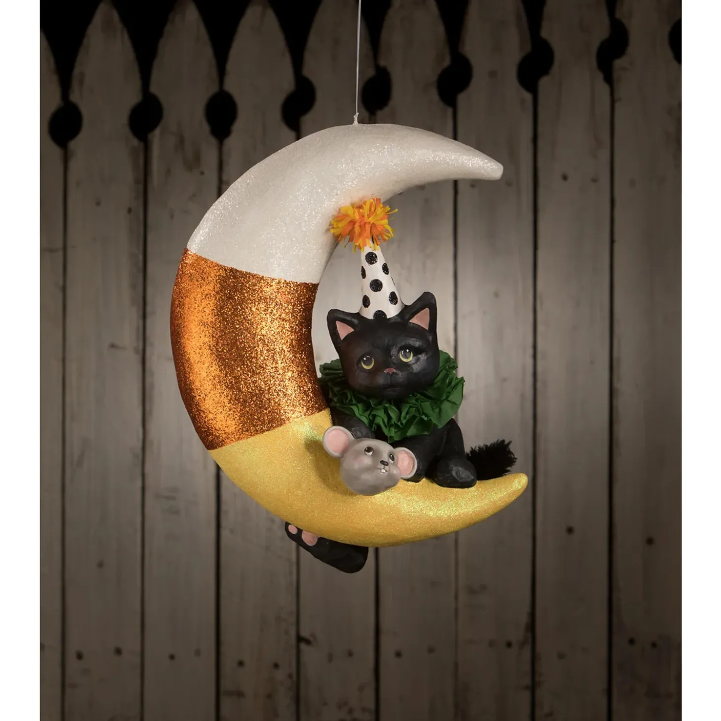 Bethany Lowe 15.75" Party Kitty In Candy Corn Moon Hanging Halloween Decoration TD1193