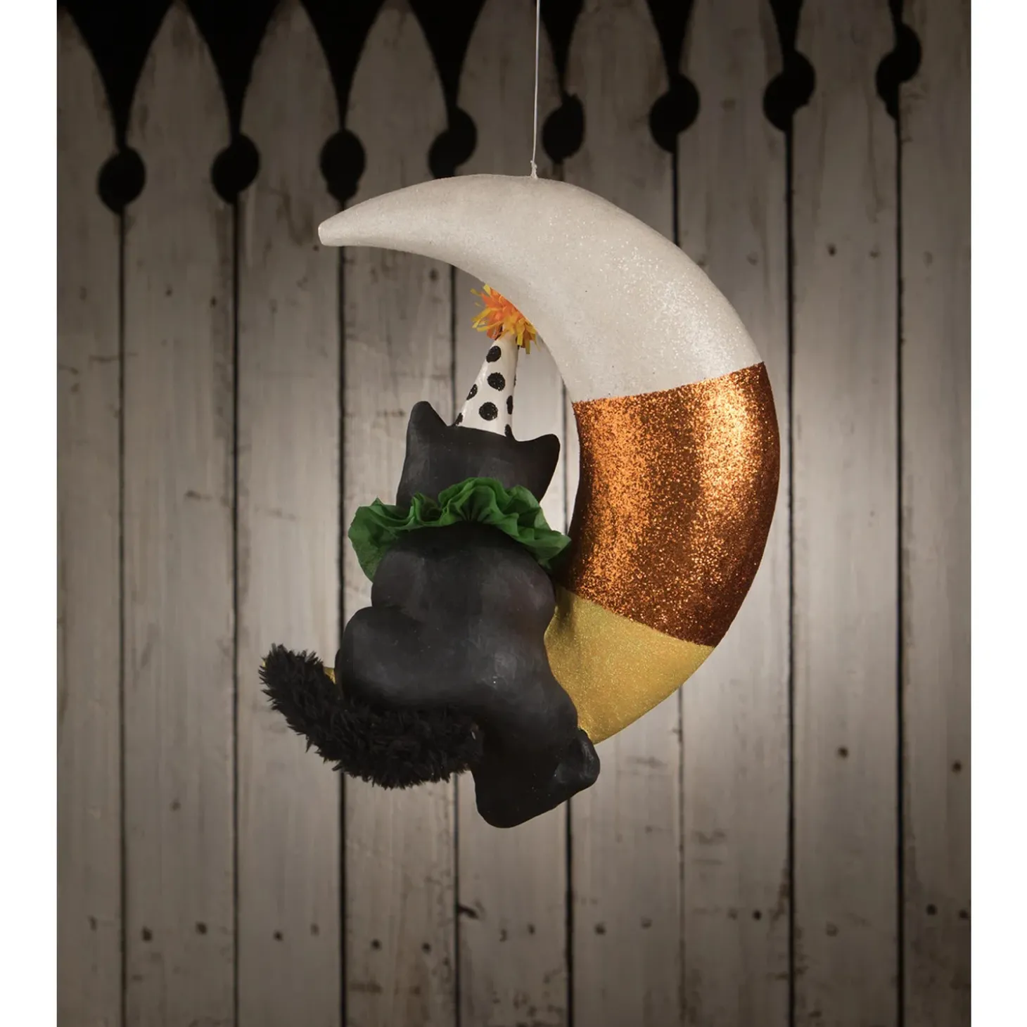 Bethany Lowe 15.75" Party Kitty In Candy Corn Moon Hanging Halloween Decoration TD1193