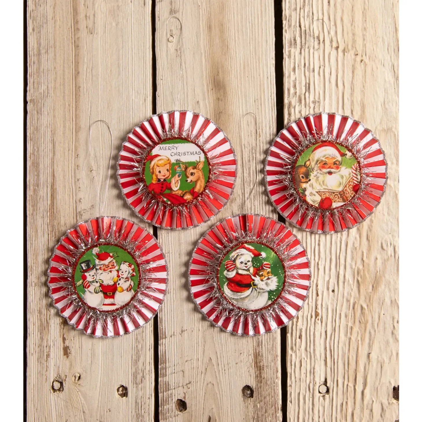 Bethany Lowe 3.5" Set Of 4 Kitschmas Rosette Vintage Christmas Ornaments TL3366