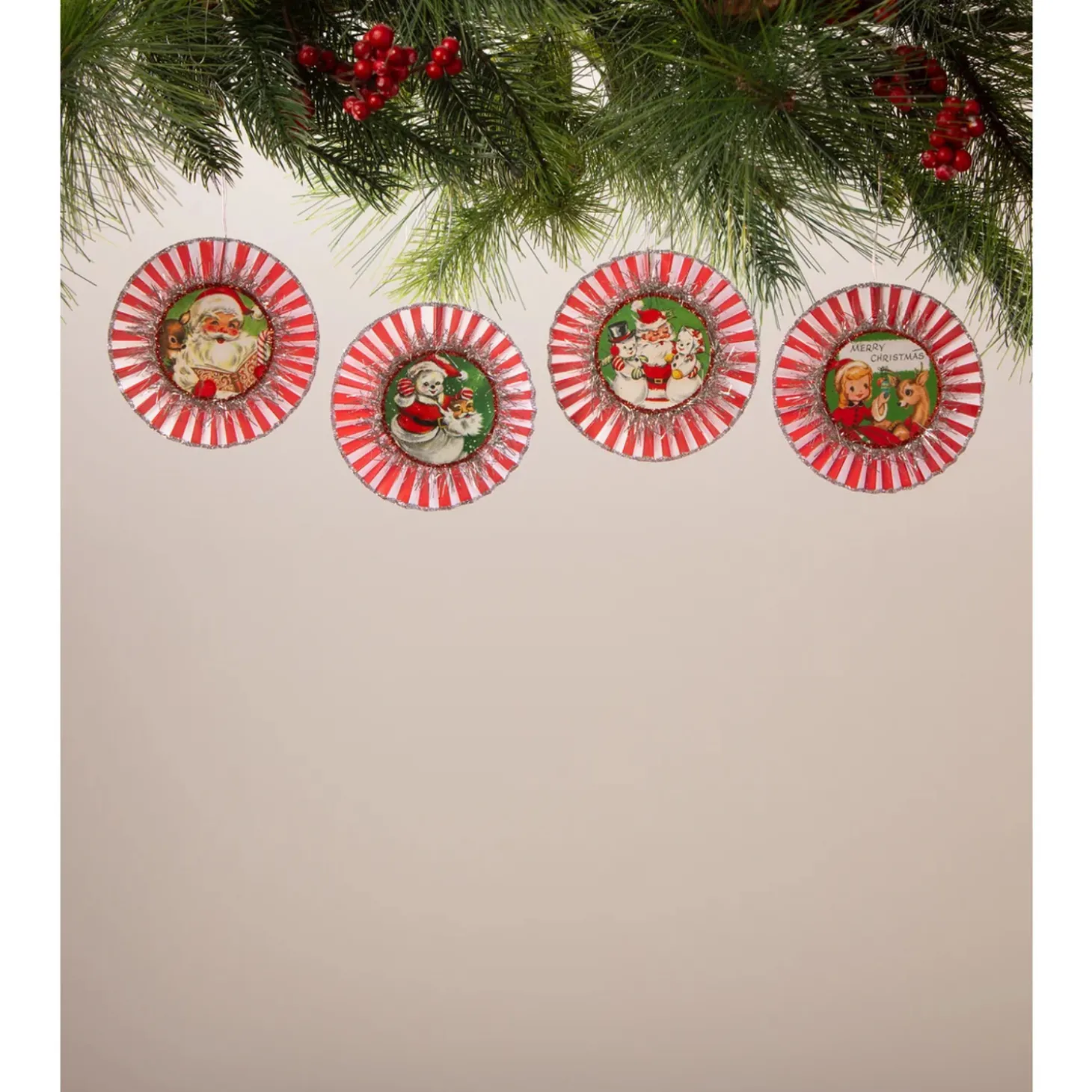 Bethany Lowe 3.5" Set Of 4 Kitschmas Rosette Vintage Christmas Ornaments TL3366
