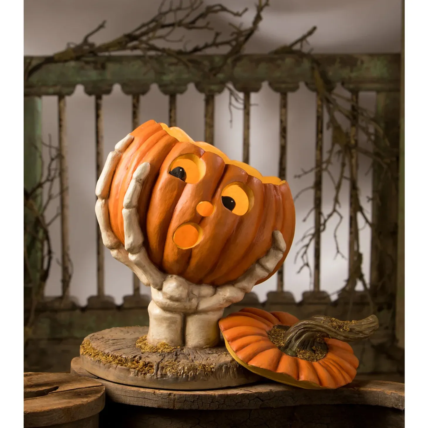 Bethany Lowe 12.25" Ut-Oh Gotcha Pumpkin With Skeleton Hand Halloween Decoration TD3143