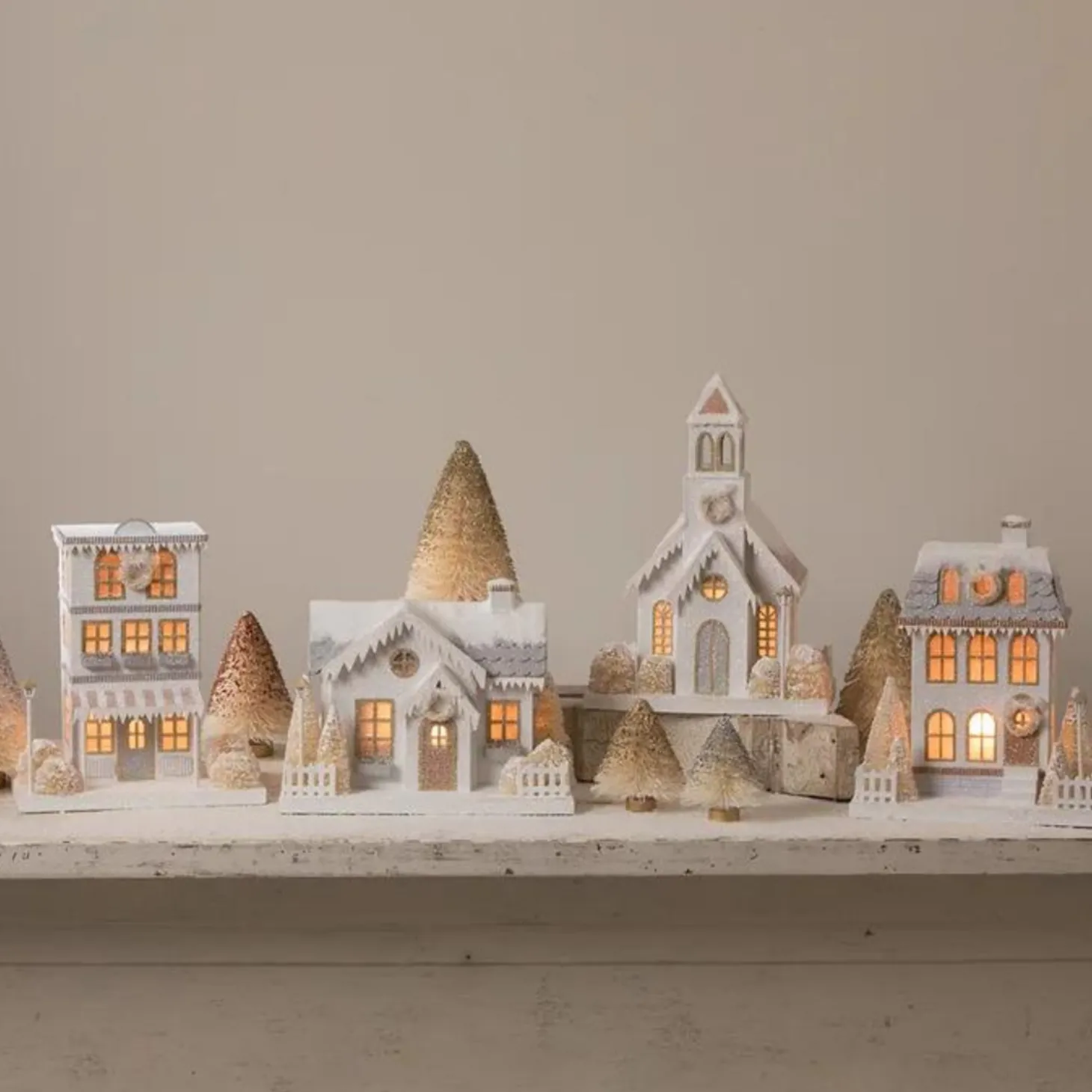 Bethany Lowe Metallic Gold, White, And Silver Glittered Christmas Buildings