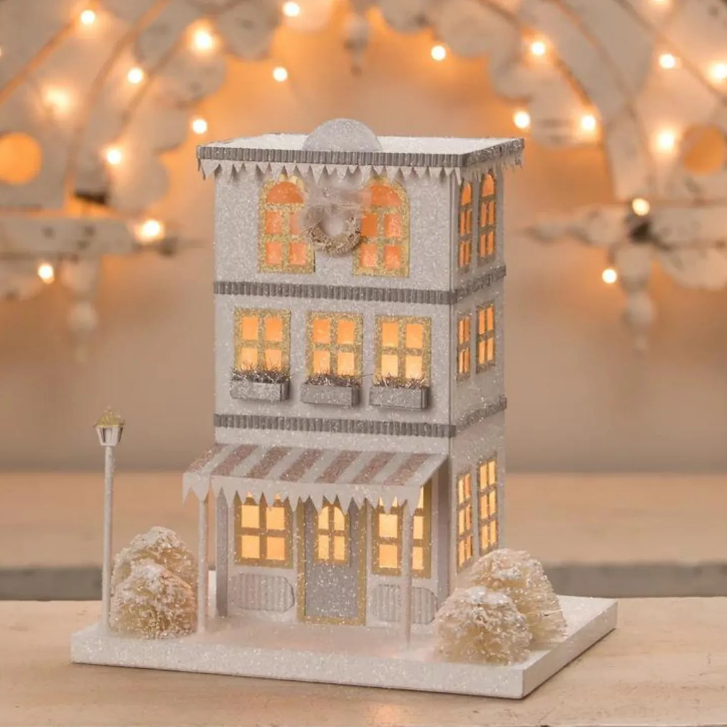 Bethany Lowe Metallic Gold, White, And Silver Glittered Christmas Buildings