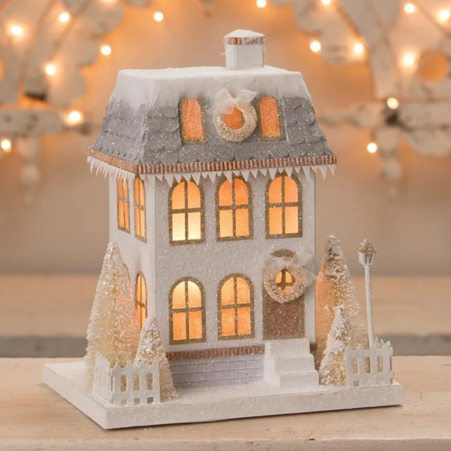 Bethany Lowe Metallic Gold, White, And Silver Glittered Christmas Buildings