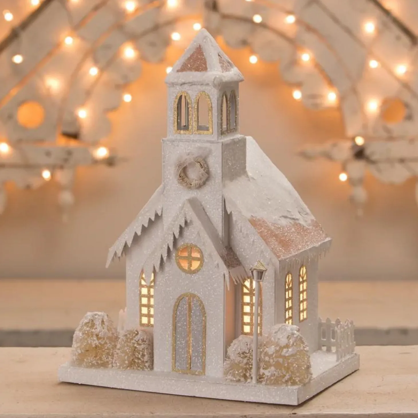 Bethany Lowe Metallic Gold, White, And Silver Glittered Christmas Buildings