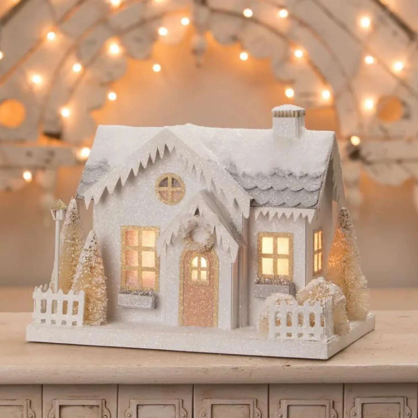 Bethany Lowe Metallic Gold, White, And Silver Glittered Christmas Buildings