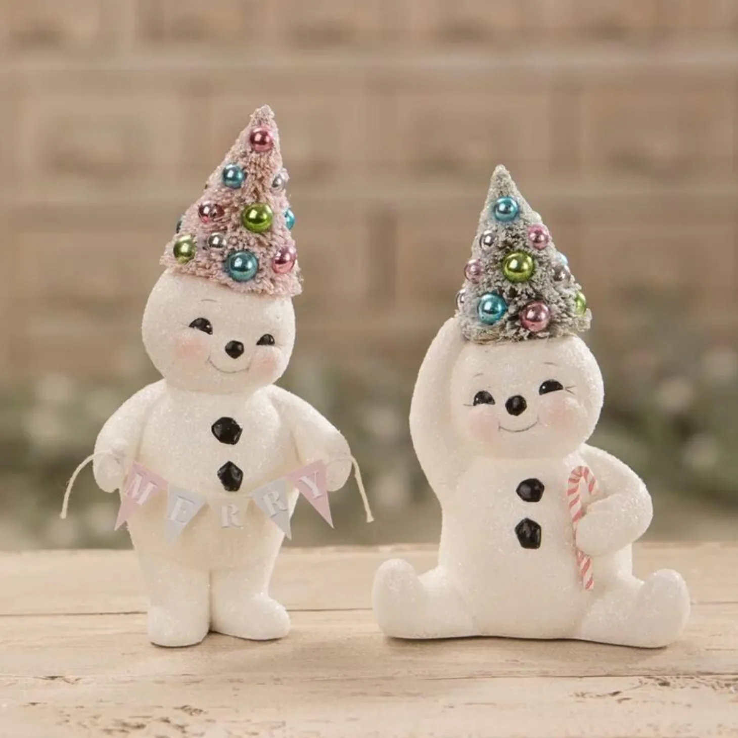 Bethany Lowe Set Of 2 Pastel Snowmen Christmas Figures