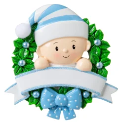 Blue Baby Boy In Wreath Personalized Christmas Ornament OR1746-B