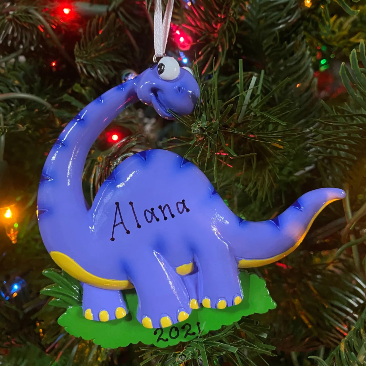 Blue Long Neck Dinosaur Personalized Christmas Ornament OR816-B