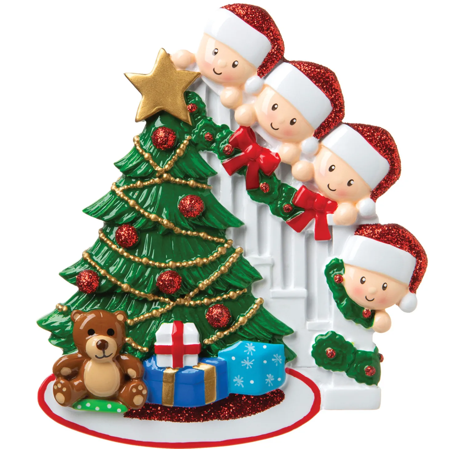 Family Of 4 Around The Christmas Tree Personalized Ornament OR1789-4