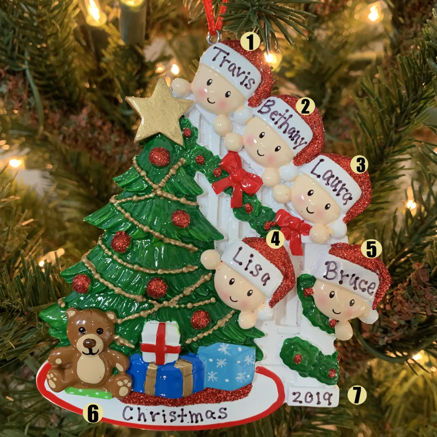Family Of 5 Around The Christmas Tree Personalized Ornament OR1789-5