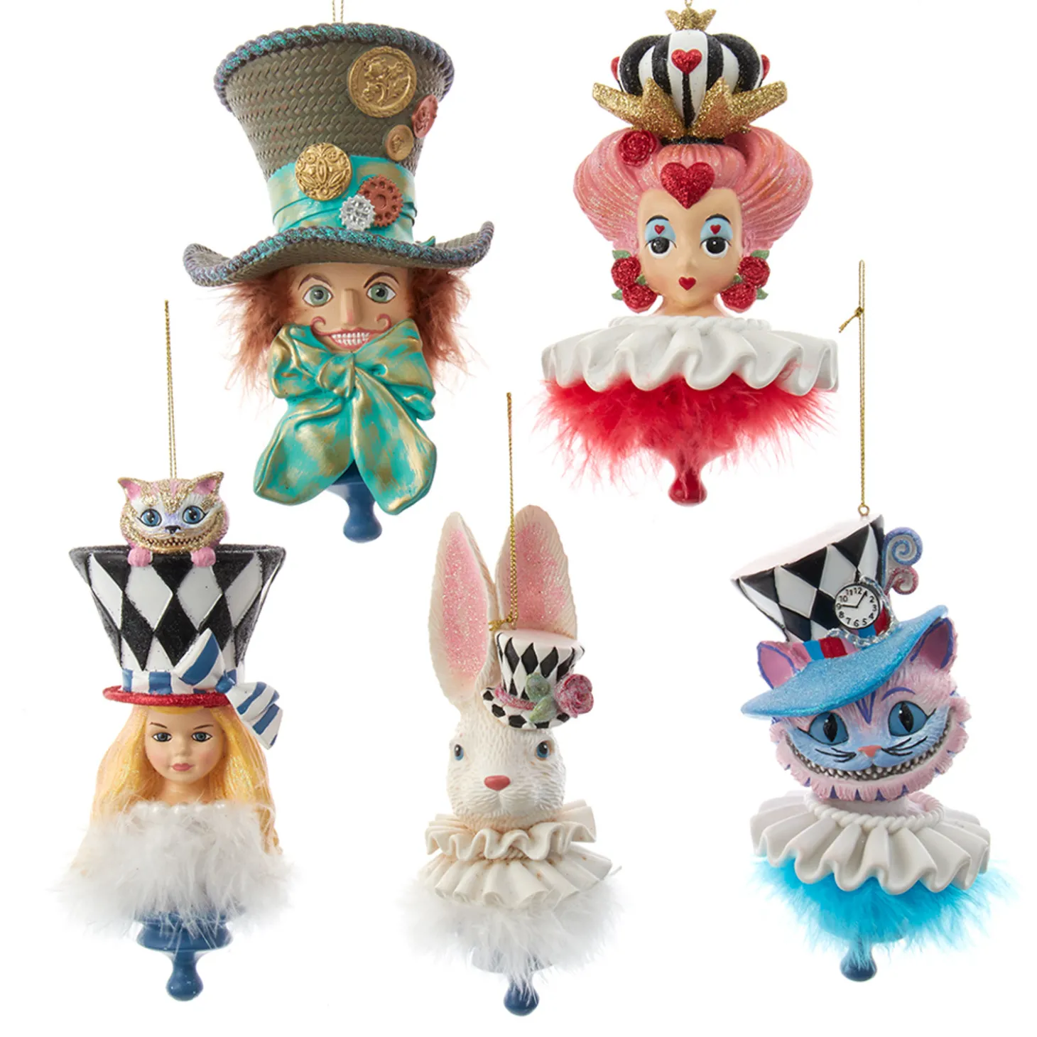 Kurt Adler 6" Set Of 5 Hollywood Hats Alice In Wonderland Hat Christmas Ornaments HAT0007