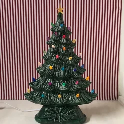 Large Flat Ceramic Lighted Window Or Mantel Christmas Tree 19"