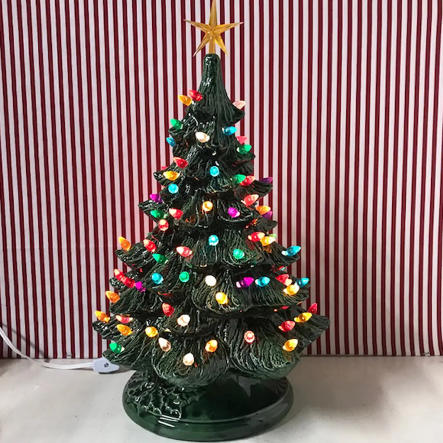 Medium Lighted Green Ceramic Christmas Tree 17"