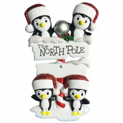 Penguin Family Of 4 At The North Pole Personalized Christmas Ornament OR1739-4