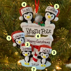 Penguin Family Of 5 At The North Pole Personalized Christmas Ornament OR1739-5