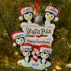 Penguin Family Of 5 At The North Pole Personalized Christmas Ornament OR1739-5