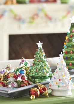 Raz 8" Battery Operated Lighted White Or Metallic Green Ceramic Christmas Tree