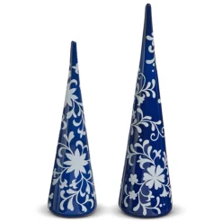 Raz 16" Blue And White Floral Delft Glass Christmas Trees Set Of 2 4424530