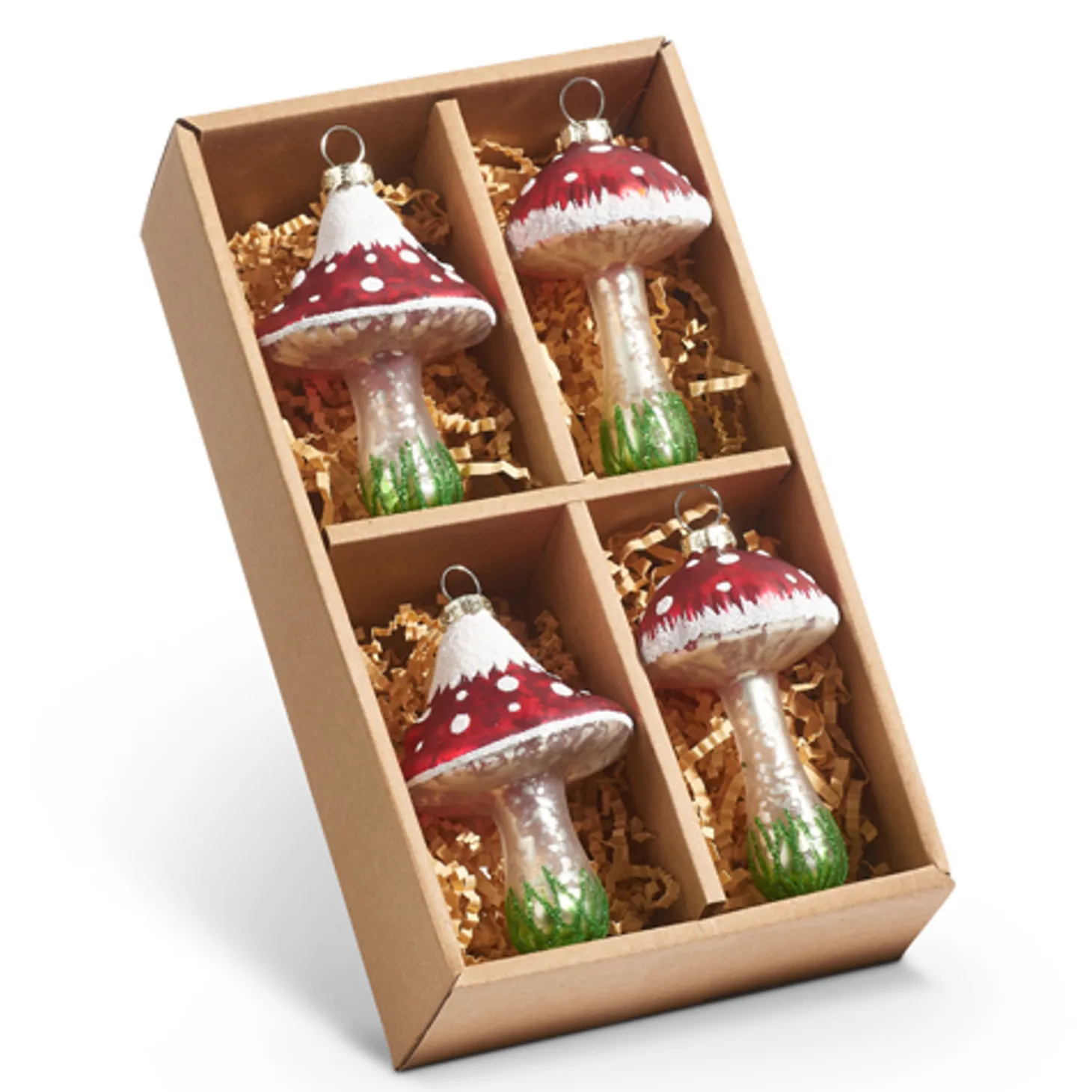 Raz 3.5" Box Of 4 Red Mushroom Glass Christmas Ornament Set 4424518