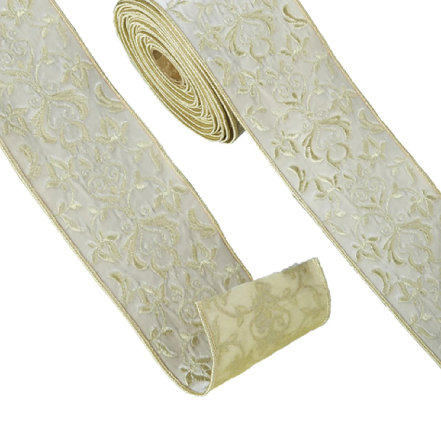 Raz 4" Embroidered Champagne Wired Christmas Ribbon R4371784
