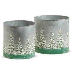 Raz 10.5" Galvanized Bucket With Embossed Trees Set Of 2 4312372