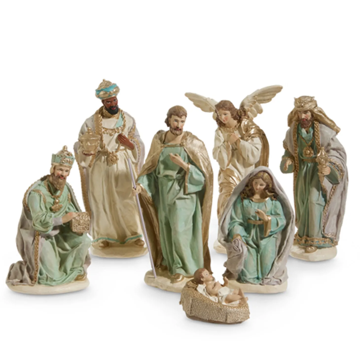 Raz 12" Ivory And Teal Christmas Nativity Scene 7 Piece Set 4457620