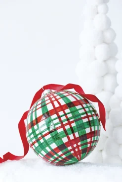 Raz 6" Large Green And Red Plaid Ball Glass Christmas Ornament 4224539