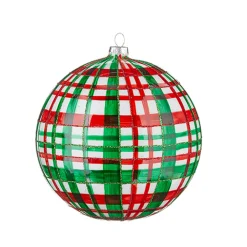 Raz 6" Large Green And Red Plaid Ball Glass Christmas Ornament 4224539