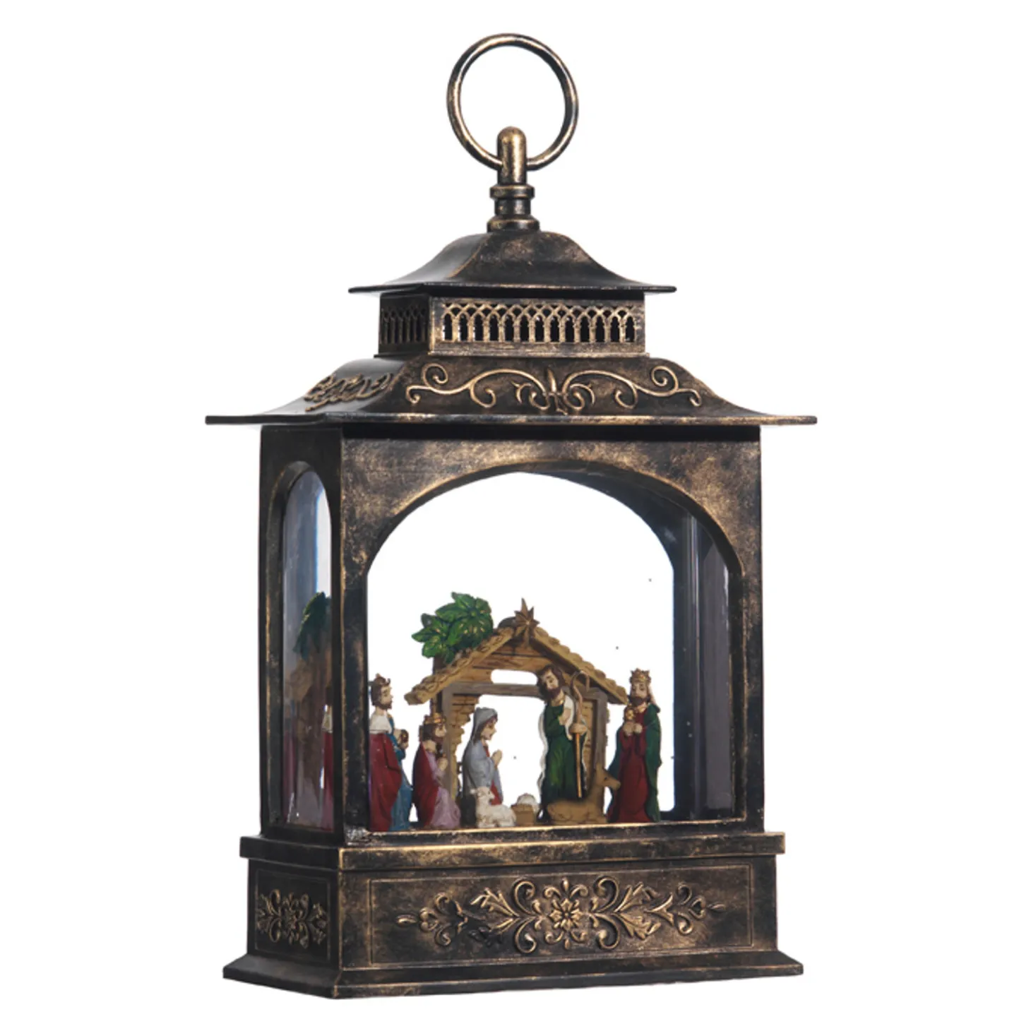 Raz 11" LED Lighted Nativity Scene In Bronze Christmas Water Globe Lantern 3740512