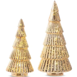 Raz 11.5" Lighted Gold Glass Ribbed Christmas Tree Figure Set Of 2 4324552