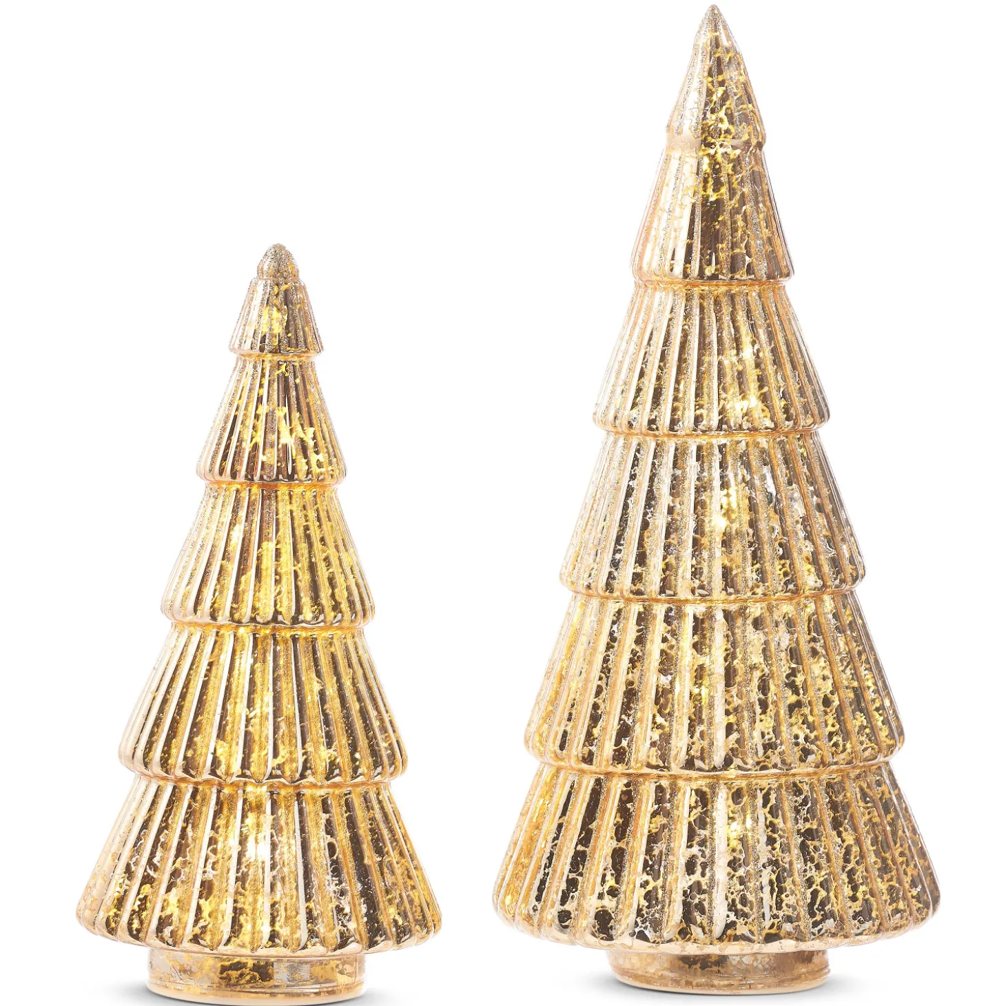 Raz 11.5" Lighted Gold Glass Ribbed Christmas Tree Figure Set Of 2 4324552