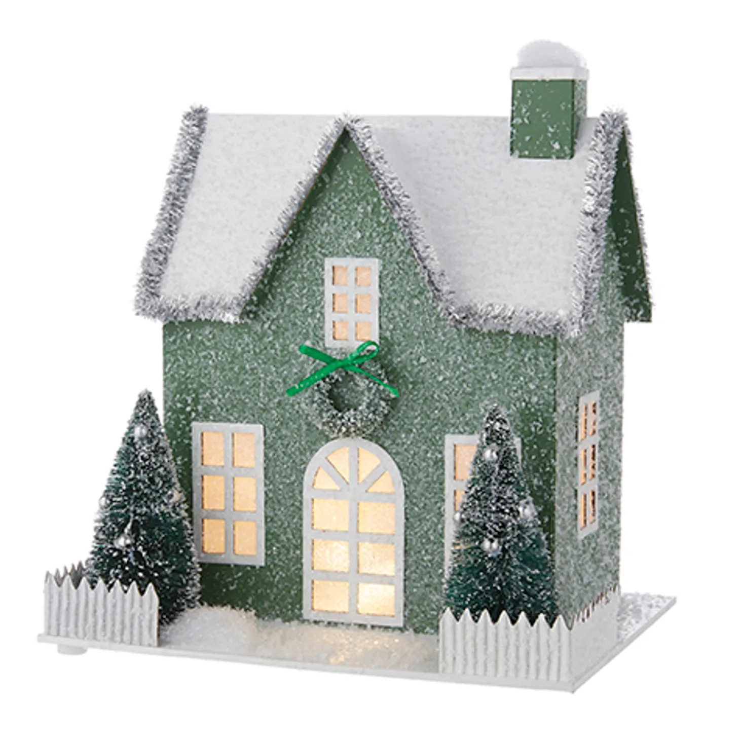Raz 9.25" Lighted Green Cardboard Christmas House 4219092